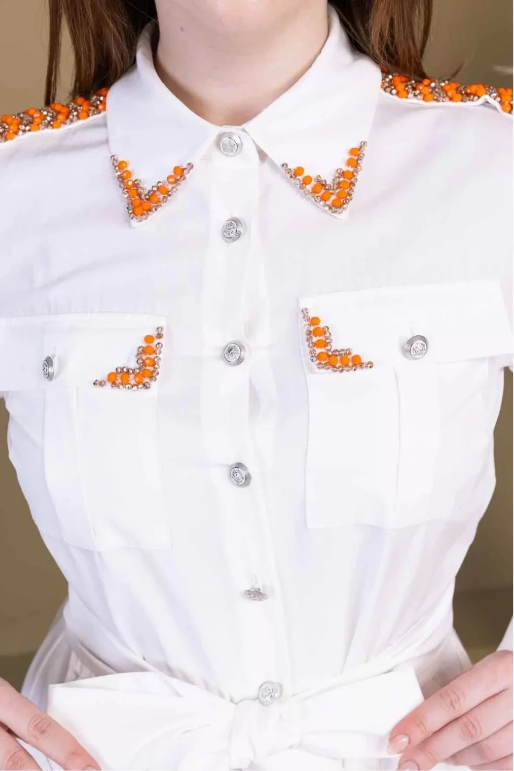 Bağlama Detaylı Boncuk İşlemeli Poplin Elbise 2723-Beyaz