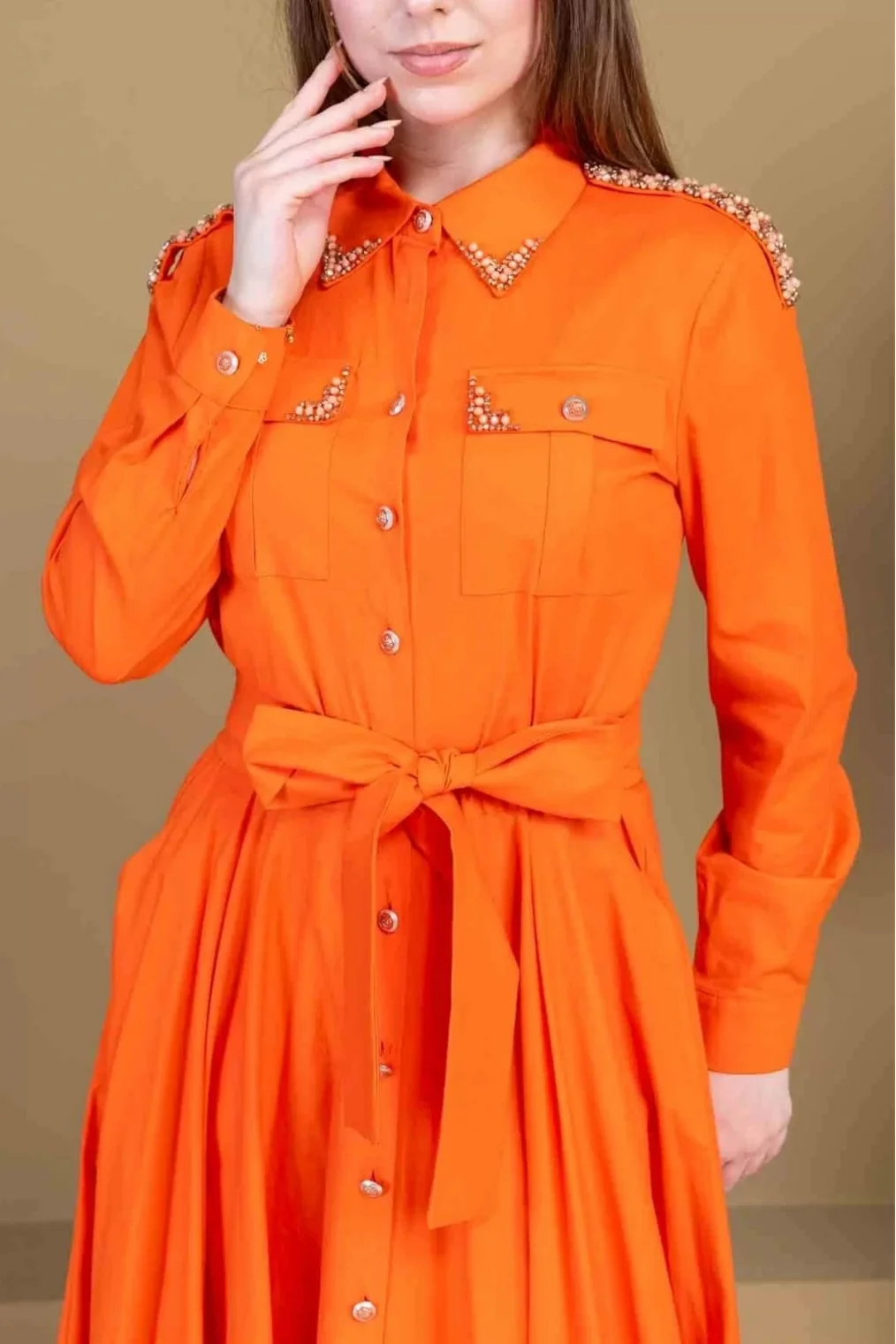 Bağlama Detaylı Boncuk İşlemeli Poplin Elbise 2723-Oranj