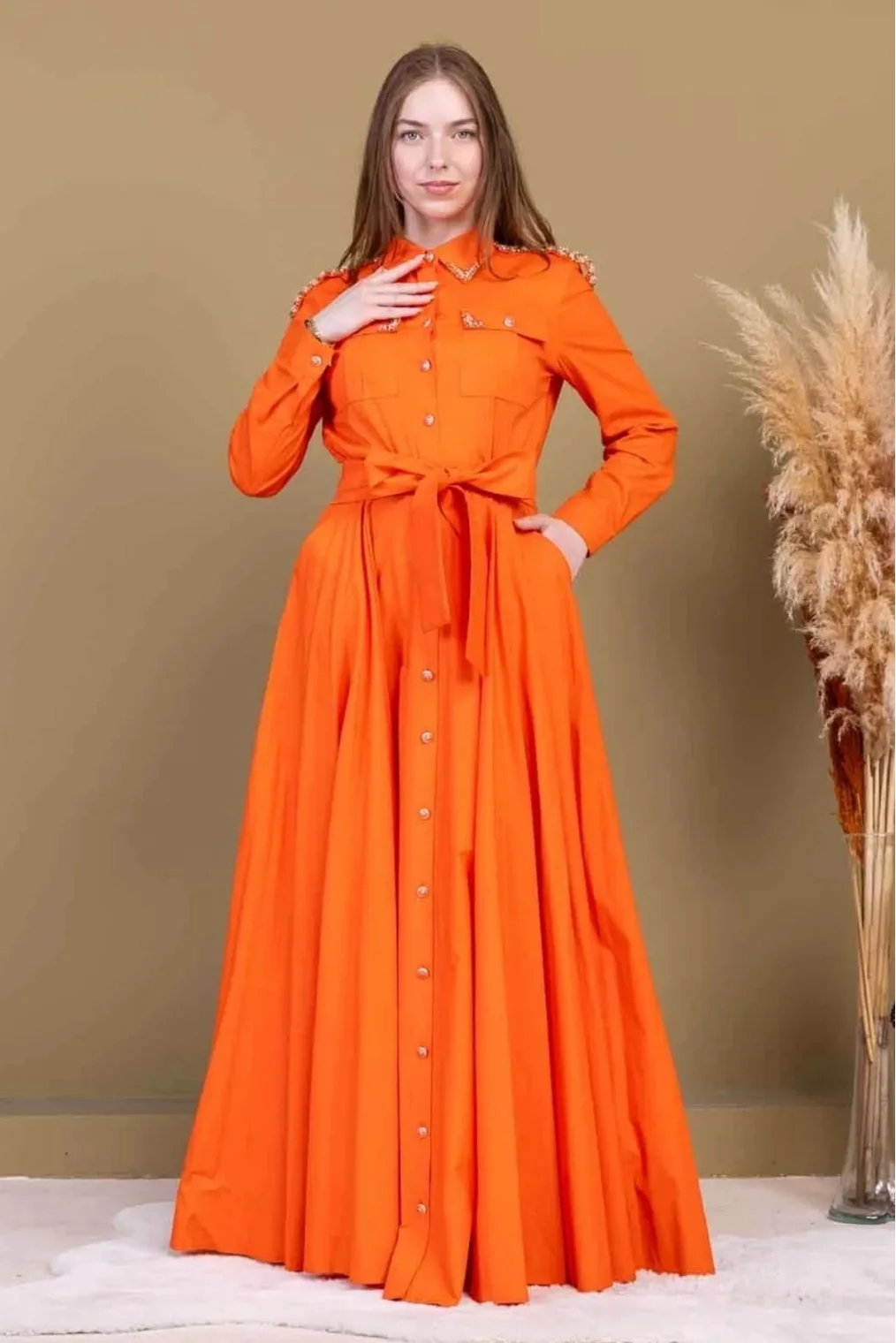 Bağlama Detaylı Boncuk İşlemeli Poplin Elbise 2723-Oranj