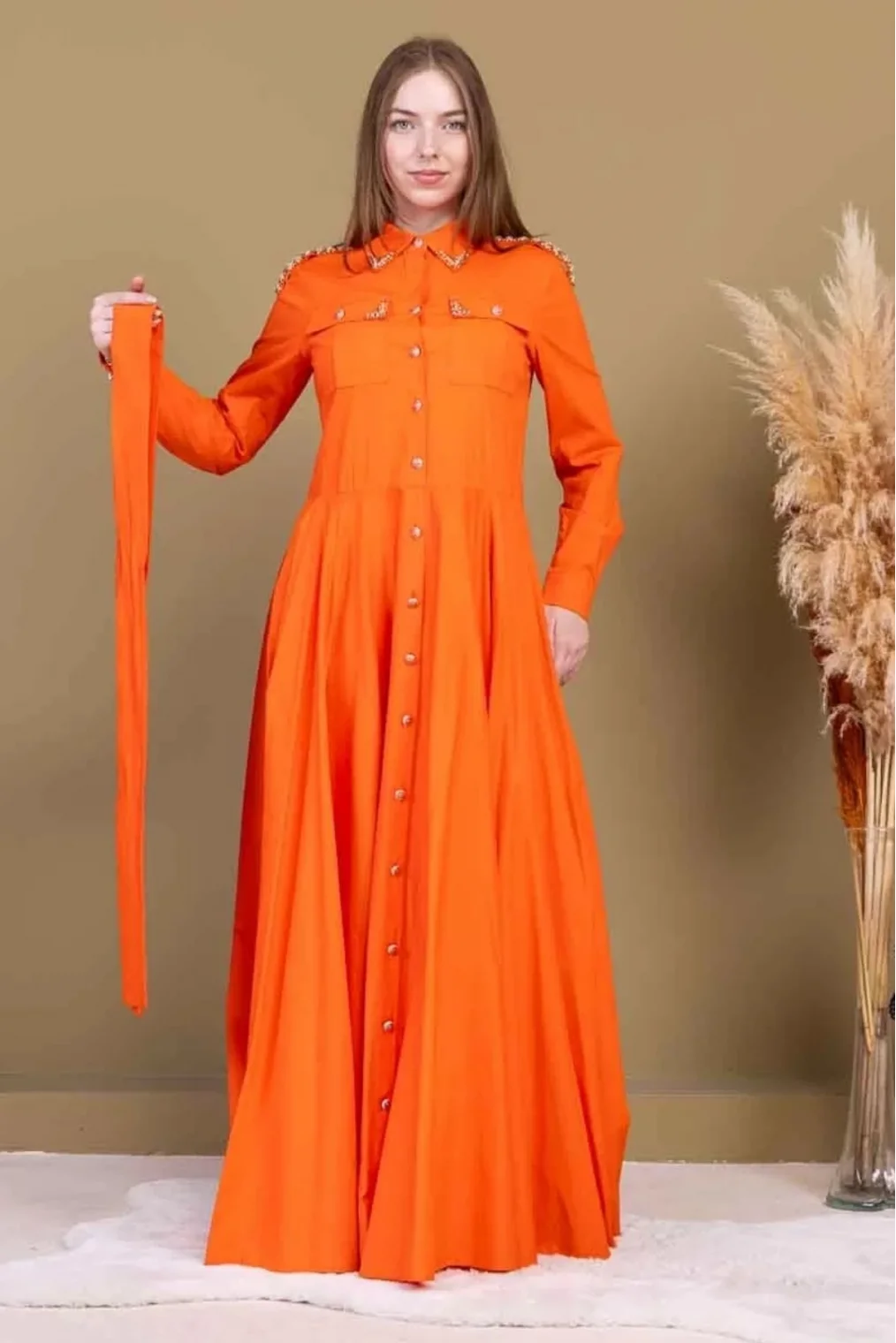 Bağlama Detaylı Boncuk İşlemeli Poplin Elbise 2723-Oranj