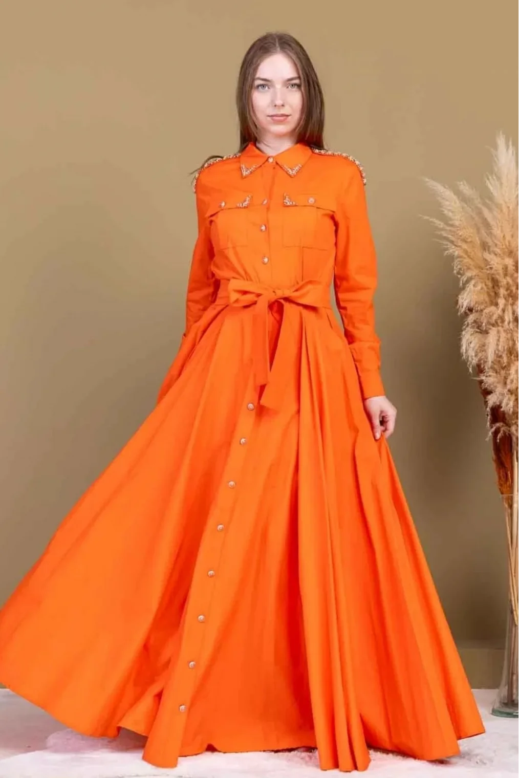 Bağlama Detaylı Boncuk İşlemeli Poplin Elbise 2723-Oranj