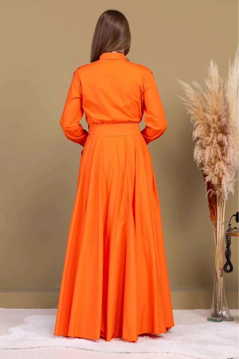 Bağlama Detaylı Boncuk İşlemeli Poplin Elbise 2723-Oranj