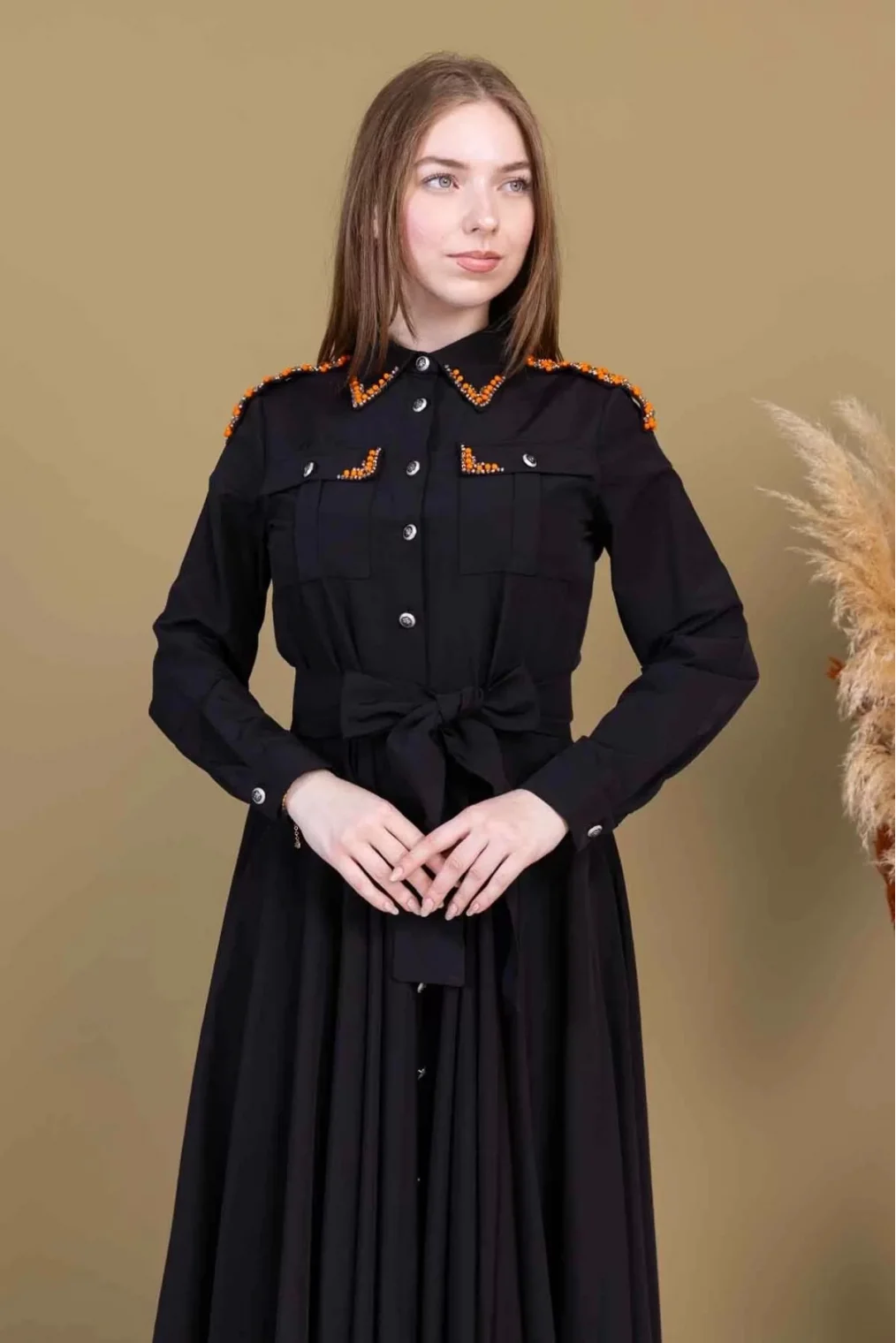 Bağlama Detaylı Boncuk İşlemeli Poplin Elbise 2723-Siyah