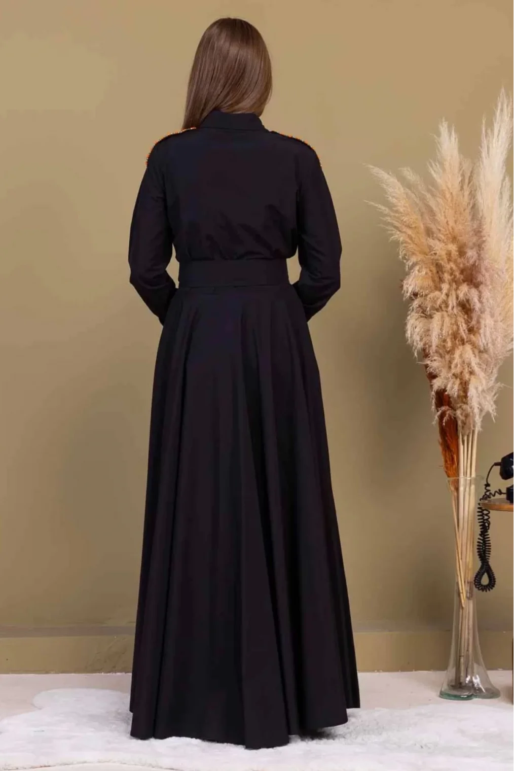 Bağlama Detaylı Boncuk İşlemeli Poplin Elbise 2723-Siyah