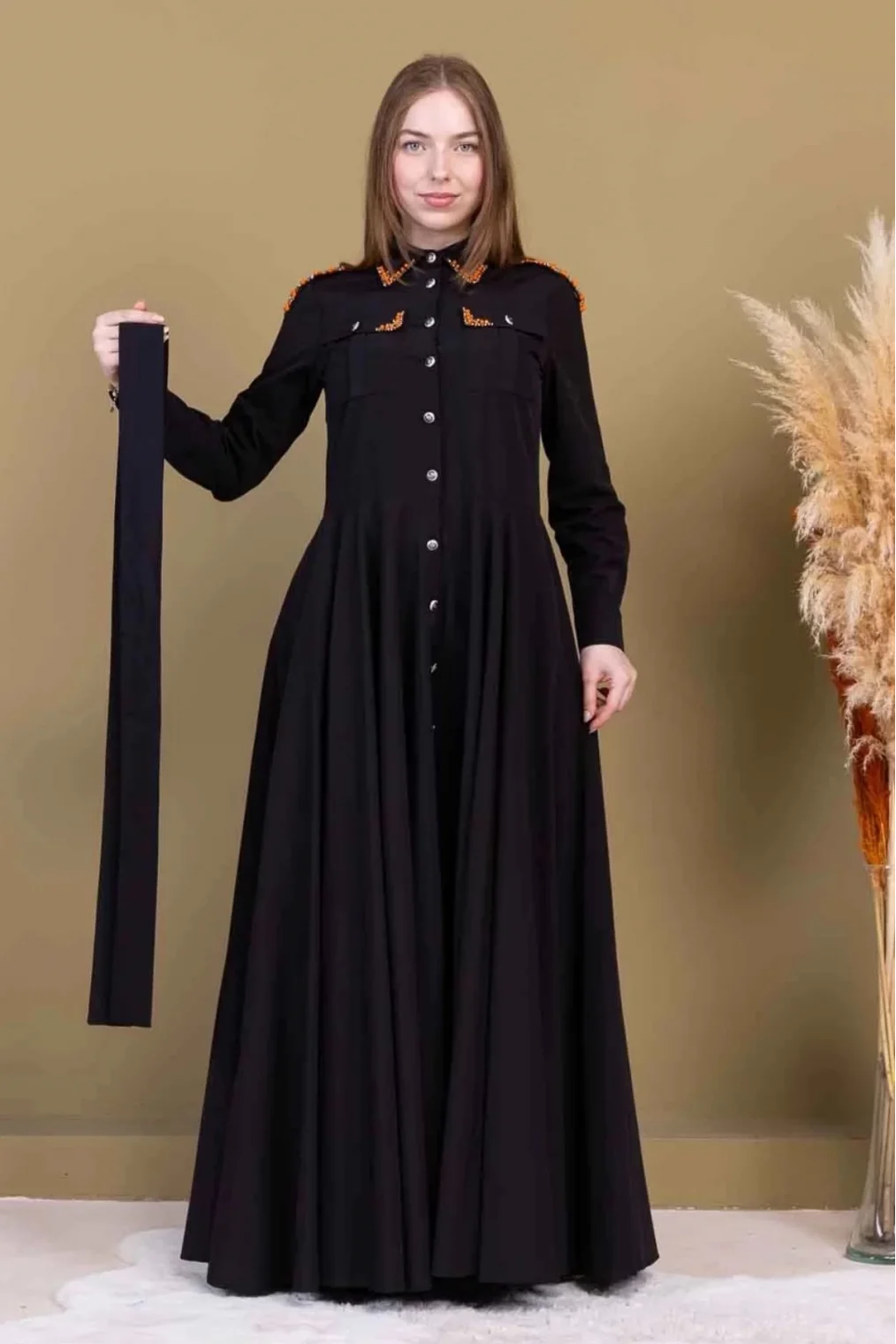 Bağlama Detaylı Boncuk İşlemeli Poplin Elbise 2723-Siyah