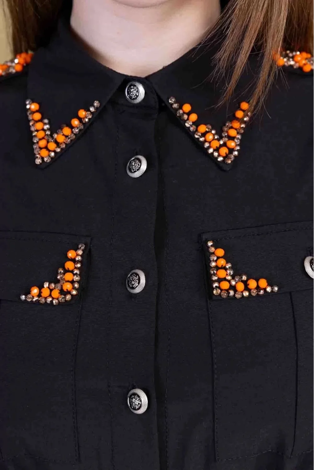 Bağlama Detaylı Boncuk İşlemeli Poplin Elbise 2723-Siyah