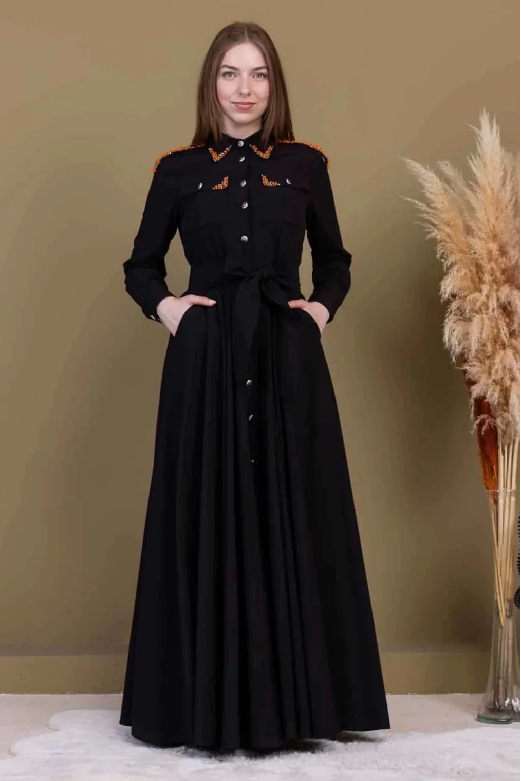 Bağlama Detaylı Boncuk İşlemeli Poplin Elbise 2723-Siyah