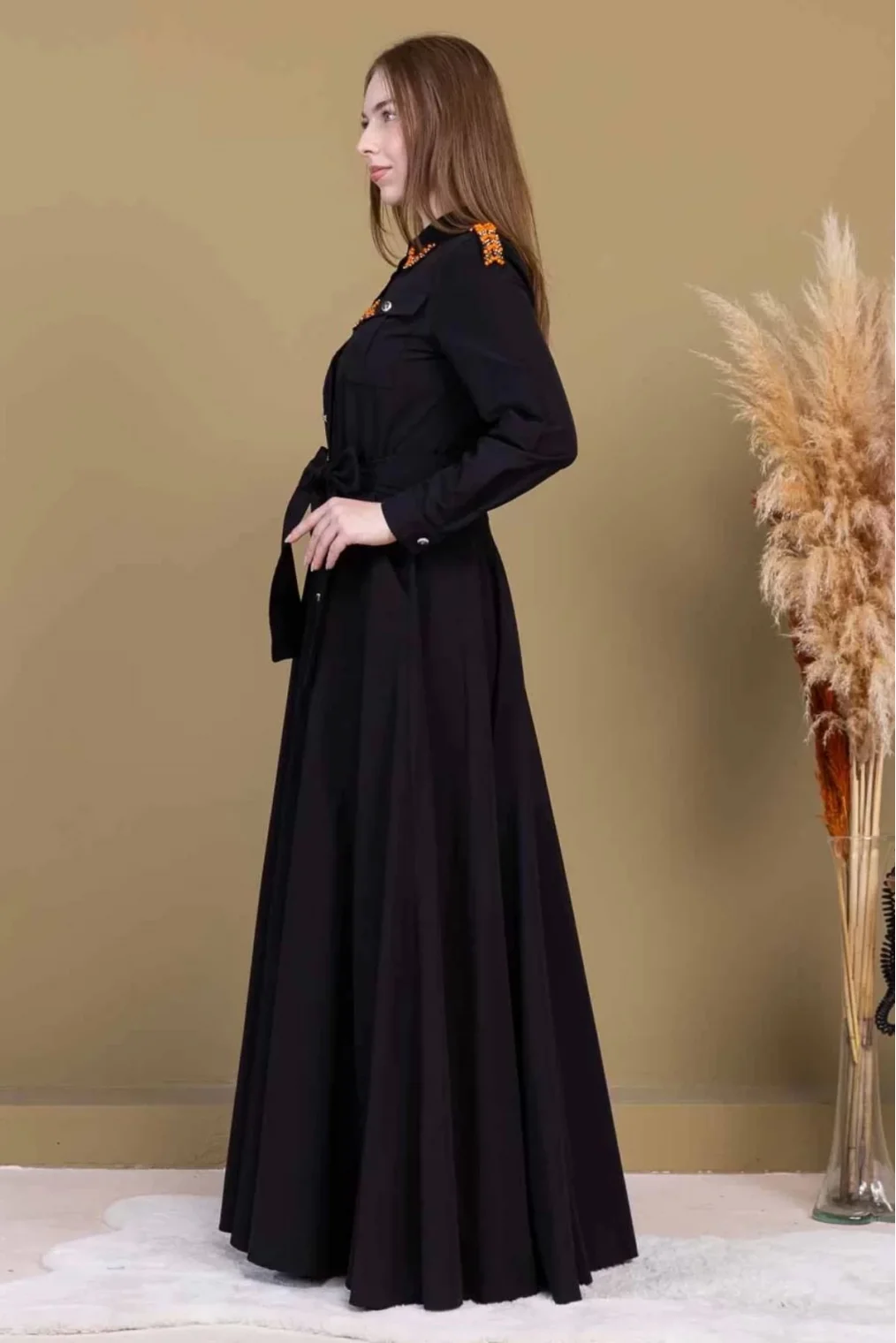 Bağlama Detaylı Boncuk İşlemeli Poplin Elbise 2723-Siyah