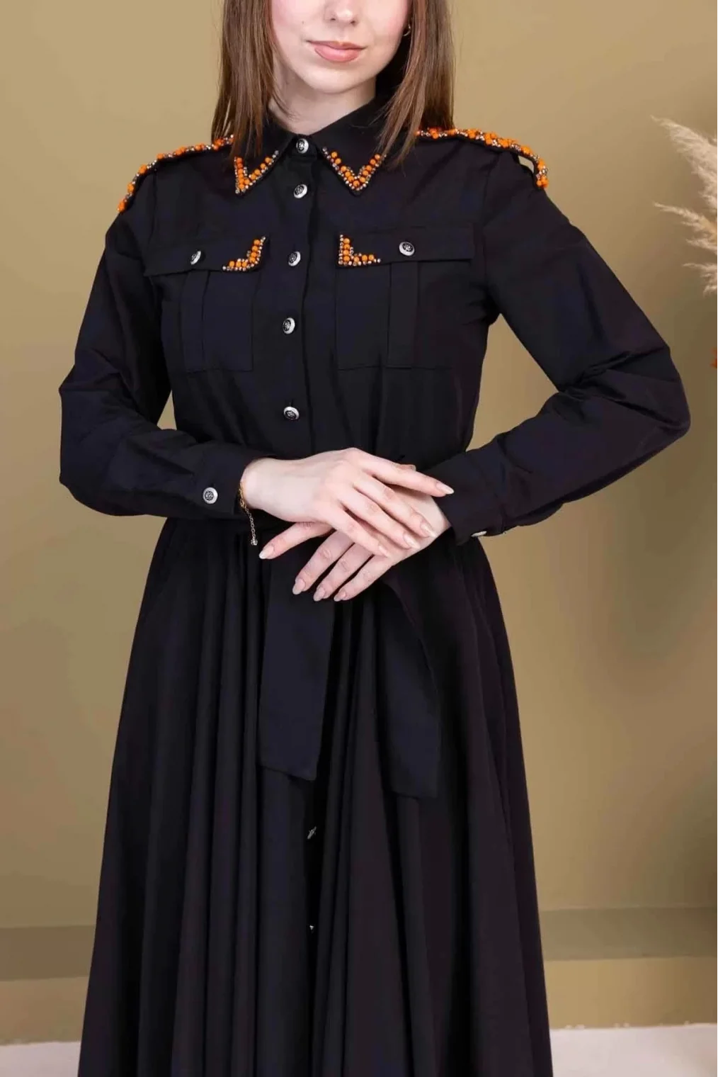 Bağlama Detaylı Boncuk İşlemeli Poplin Elbise 2723-Siyah