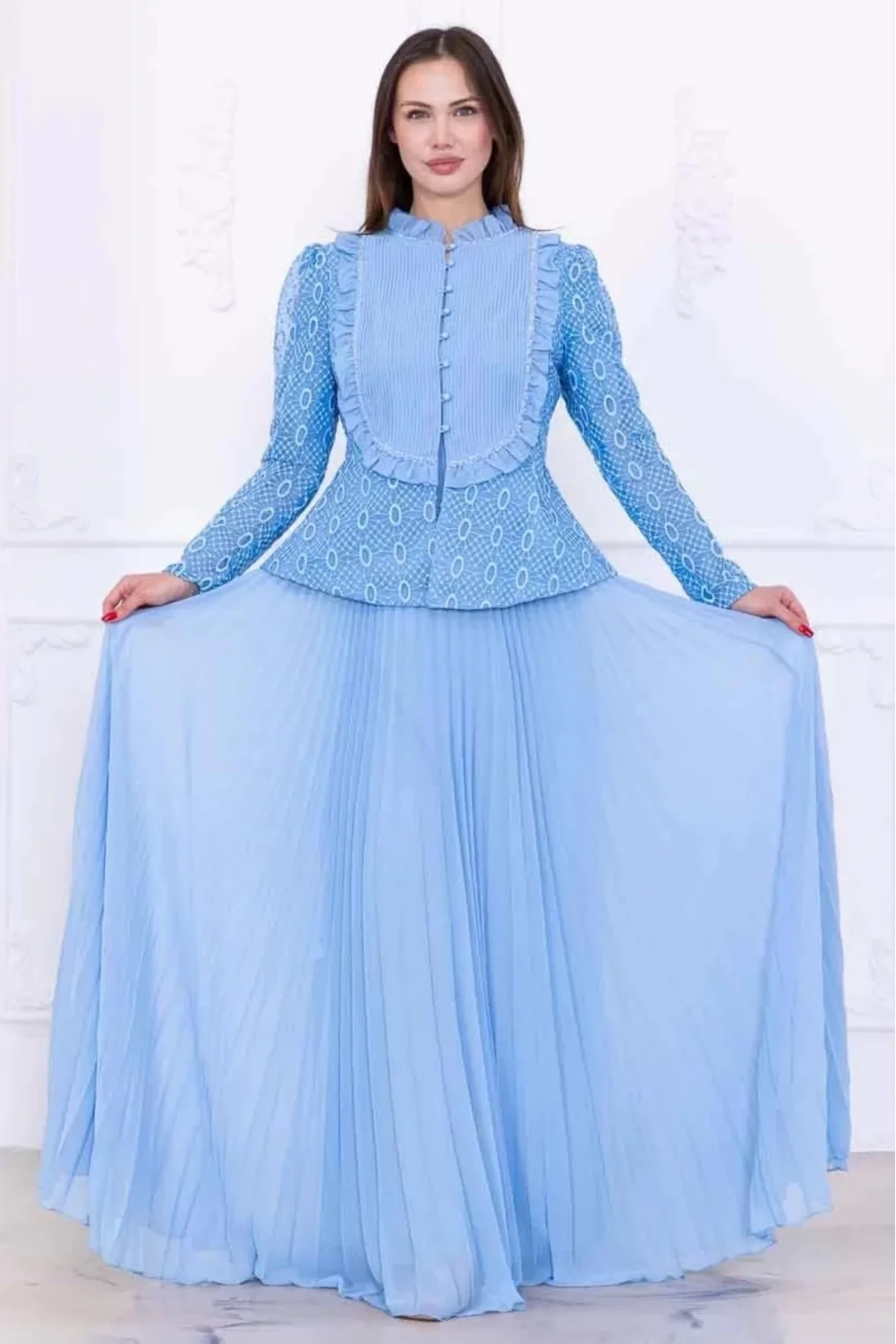 Dantelli Ceket ve Piliseli Elbiseli Şifon Abiye 2729-Bebe Mavisi