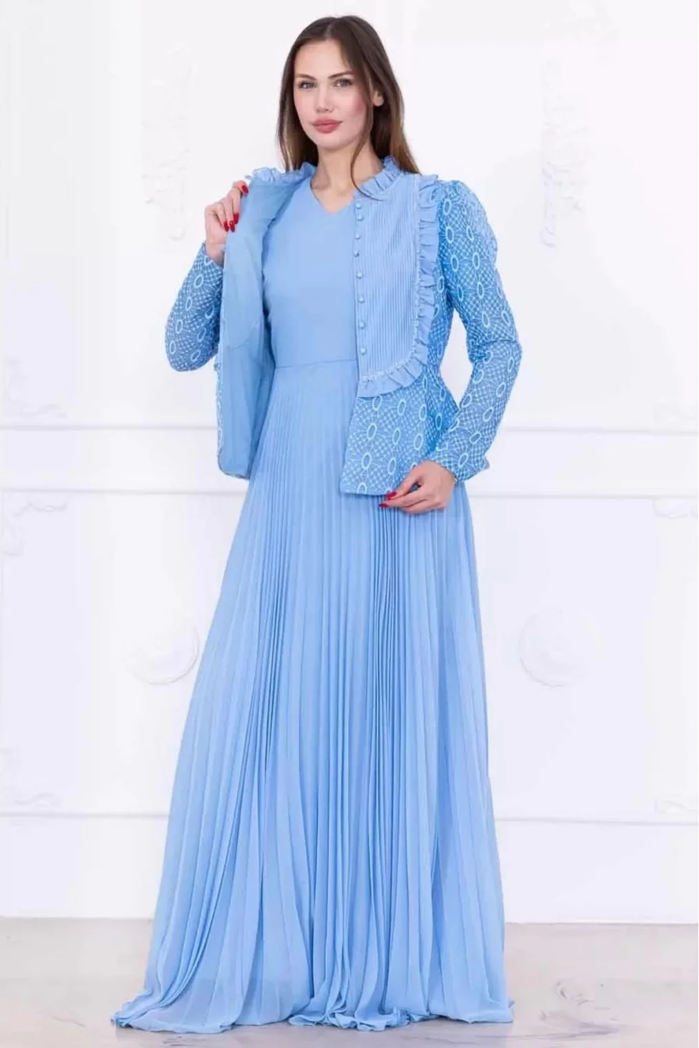 Dantelli Ceket ve Piliseli Elbiseli Şifon Abiye 2729-Bebe Mavisi