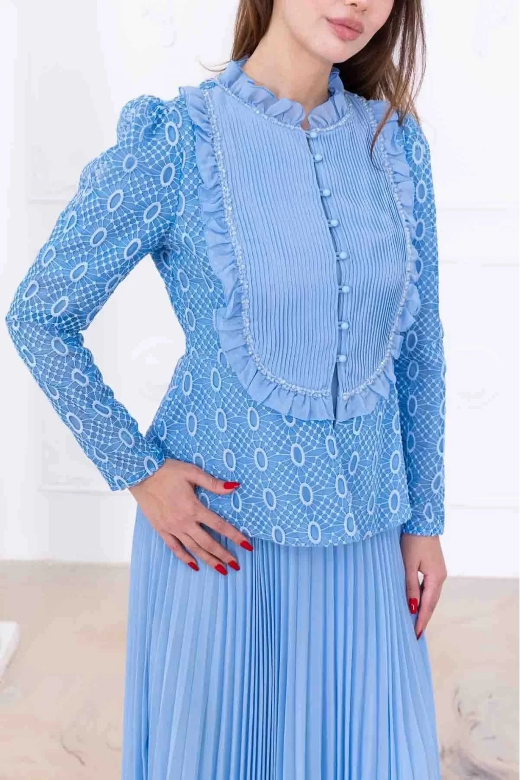 Dantelli Ceket ve Piliseli Elbiseli Şifon Abiye 2729-Bebe Mavisi