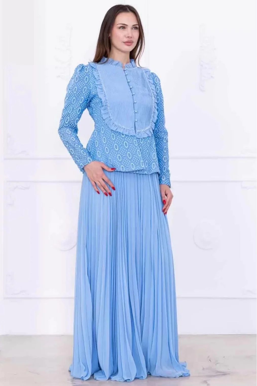 Dantelli Ceket ve Piliseli Elbiseli Şifon Abiye 2729-Bebe Mavisi