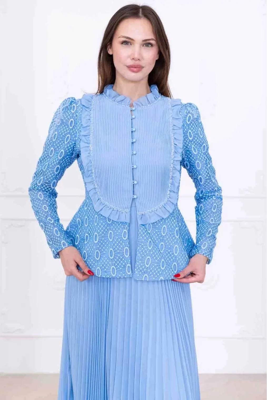 Dantelli Ceket ve Piliseli Elbiseli Şifon Abiye 2729-Bebe Mavisi