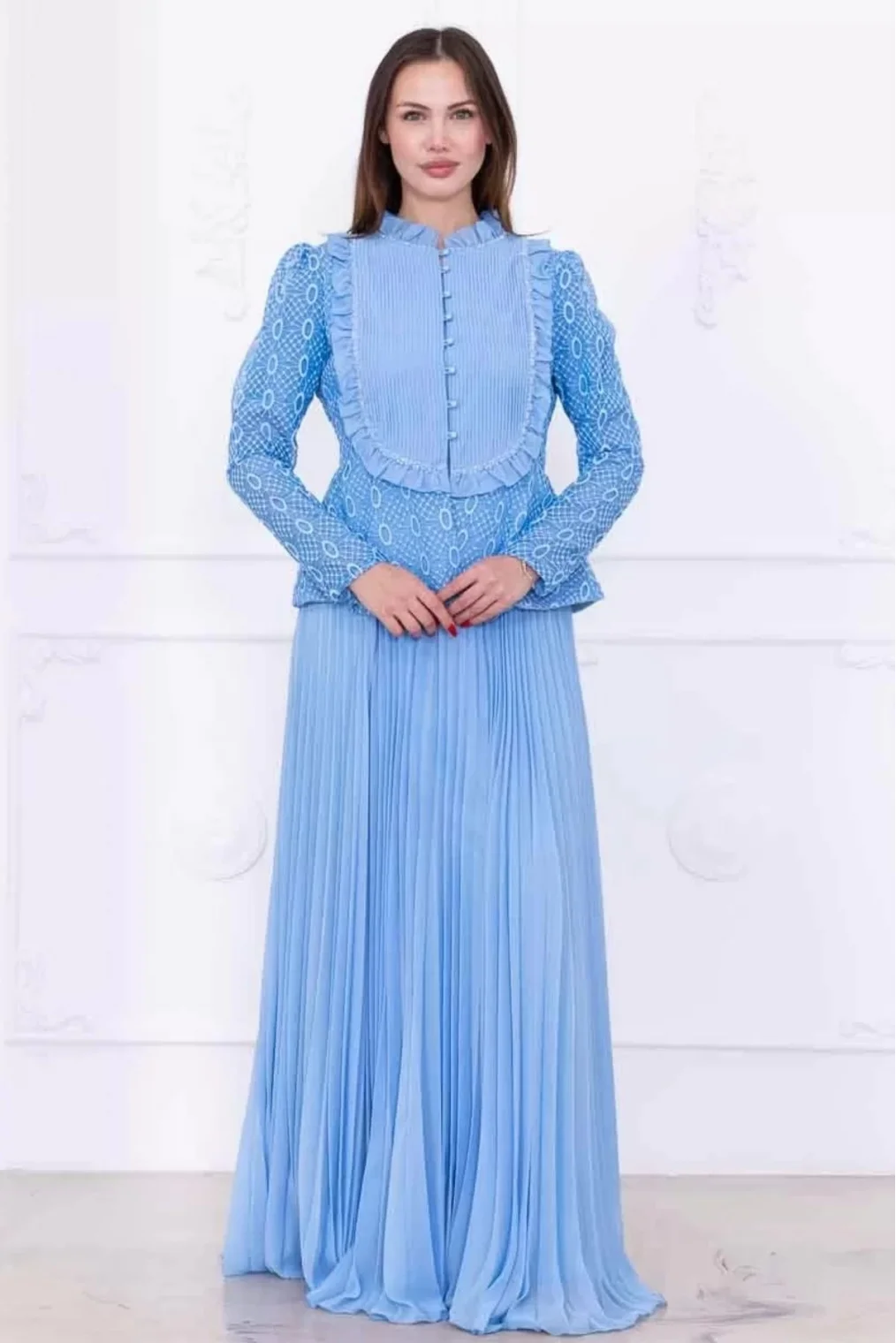 Dantelli Ceket ve Piliseli Elbiseli Şifon Abiye 2729-Bebe Mavisi