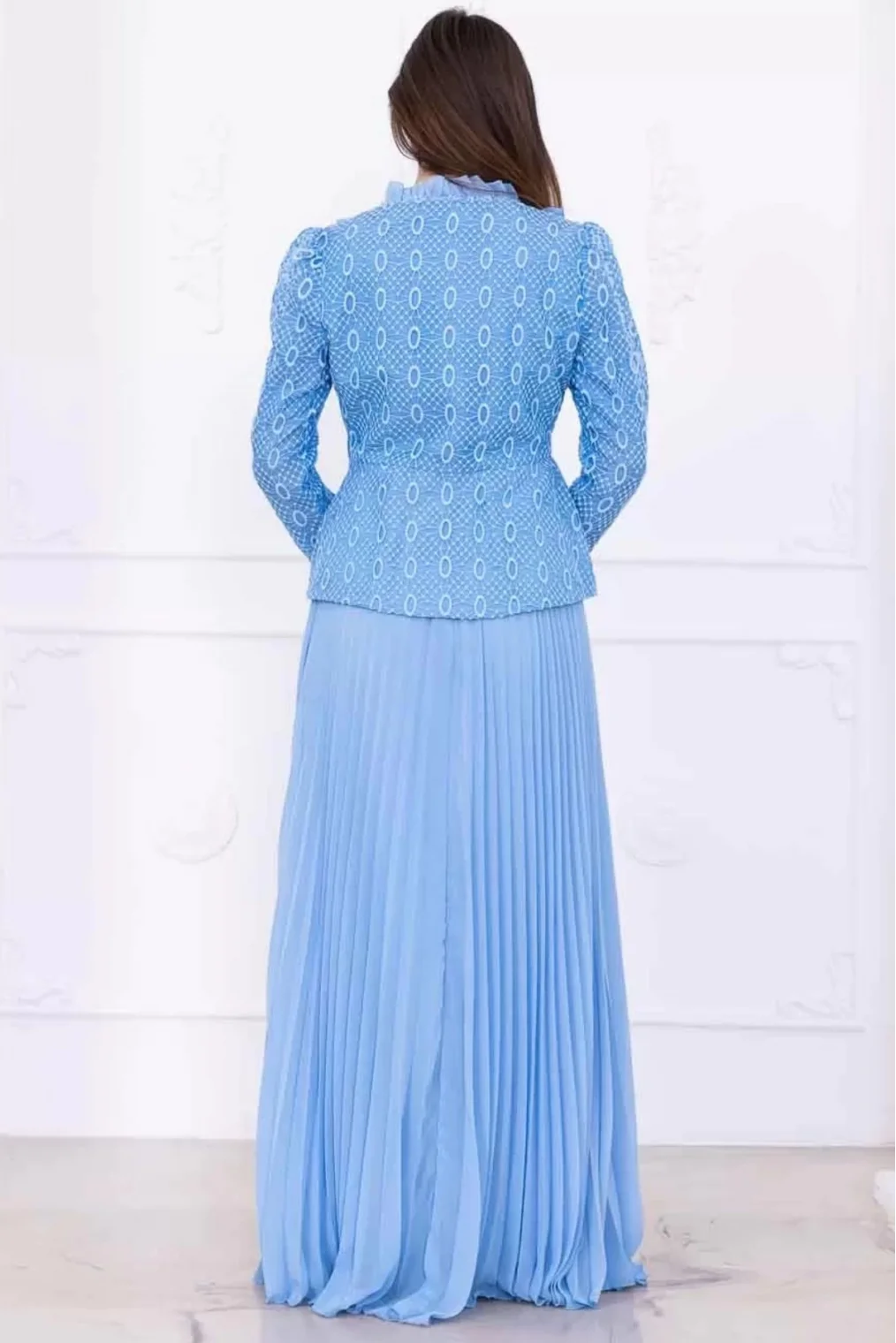 Dantelli Ceket ve Piliseli Elbiseli Şifon Abiye 2729-Bebe Mavisi