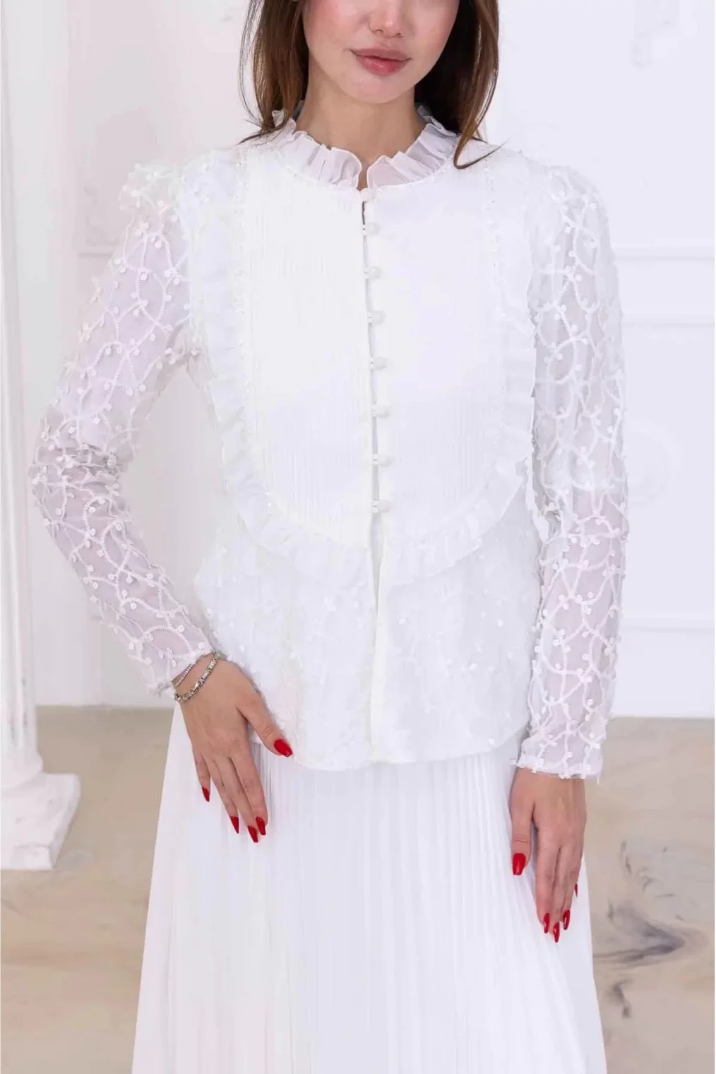 Dantelli Ceket ve Piliseli Elbiseli Şifon Abiye 2729-Beyaz