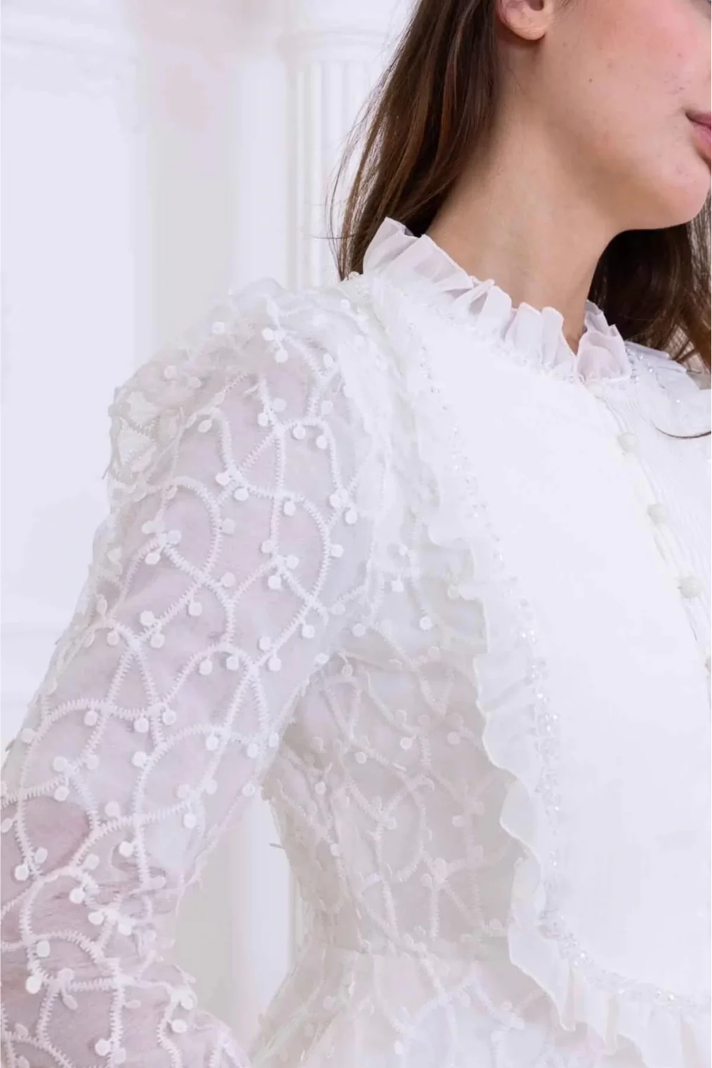 Dantelli Ceket ve Piliseli Elbiseli Şifon Abiye 2729-Beyaz