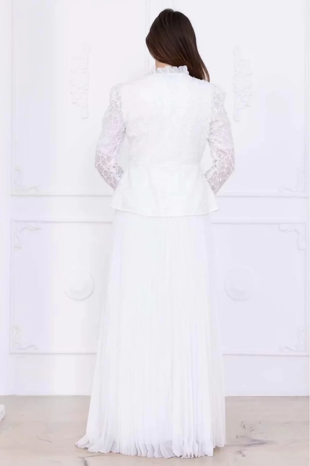 Dantelli Ceket ve Piliseli Elbiseli Şifon Abiye 2729-Beyaz