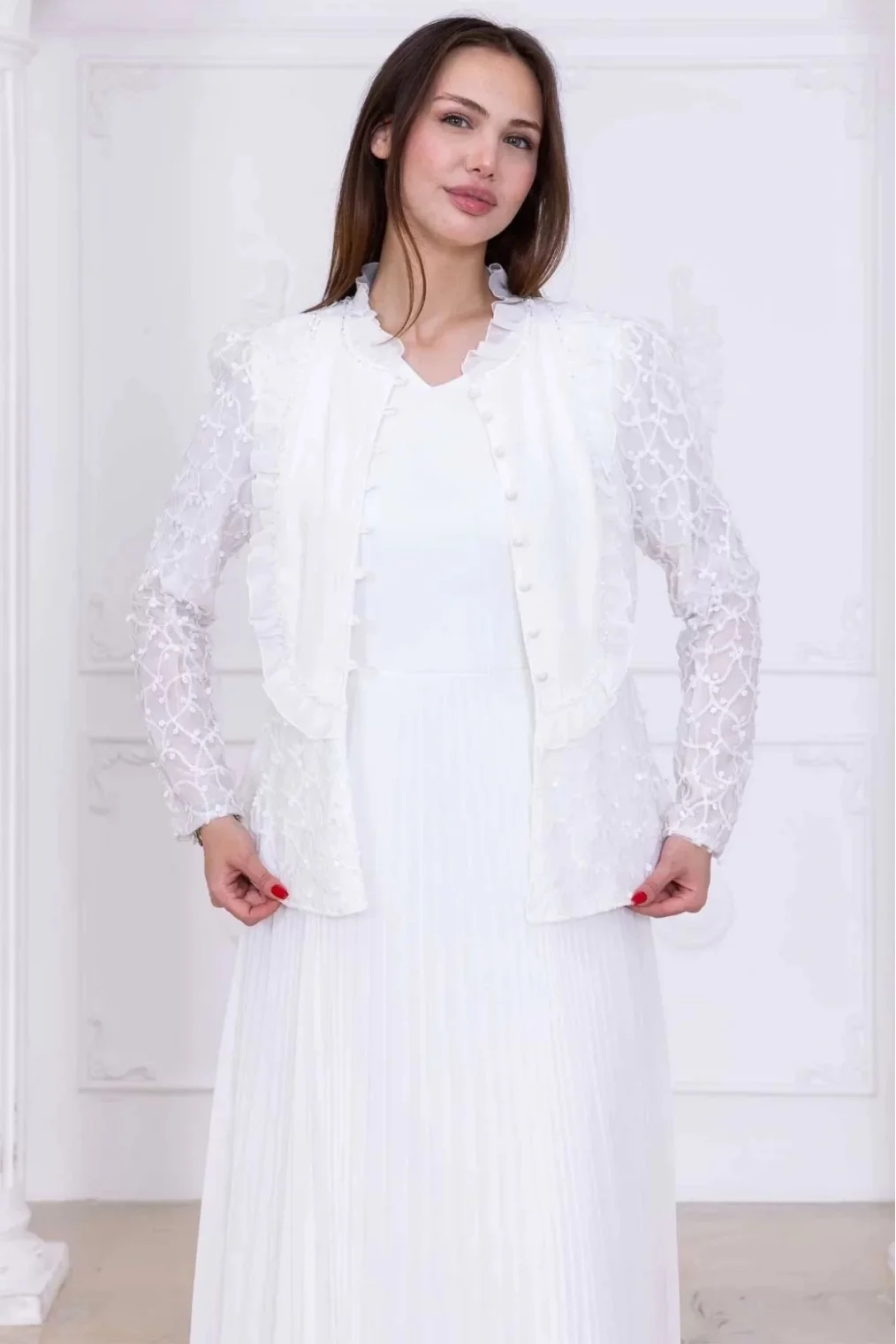 Dantelli Ceket ve Piliseli Elbiseli Şifon Abiye 2729-Beyaz