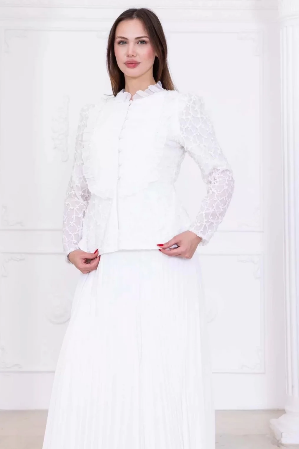 Dantelli Ceket ve Piliseli Elbiseli Şifon Abiye 2729-Beyaz