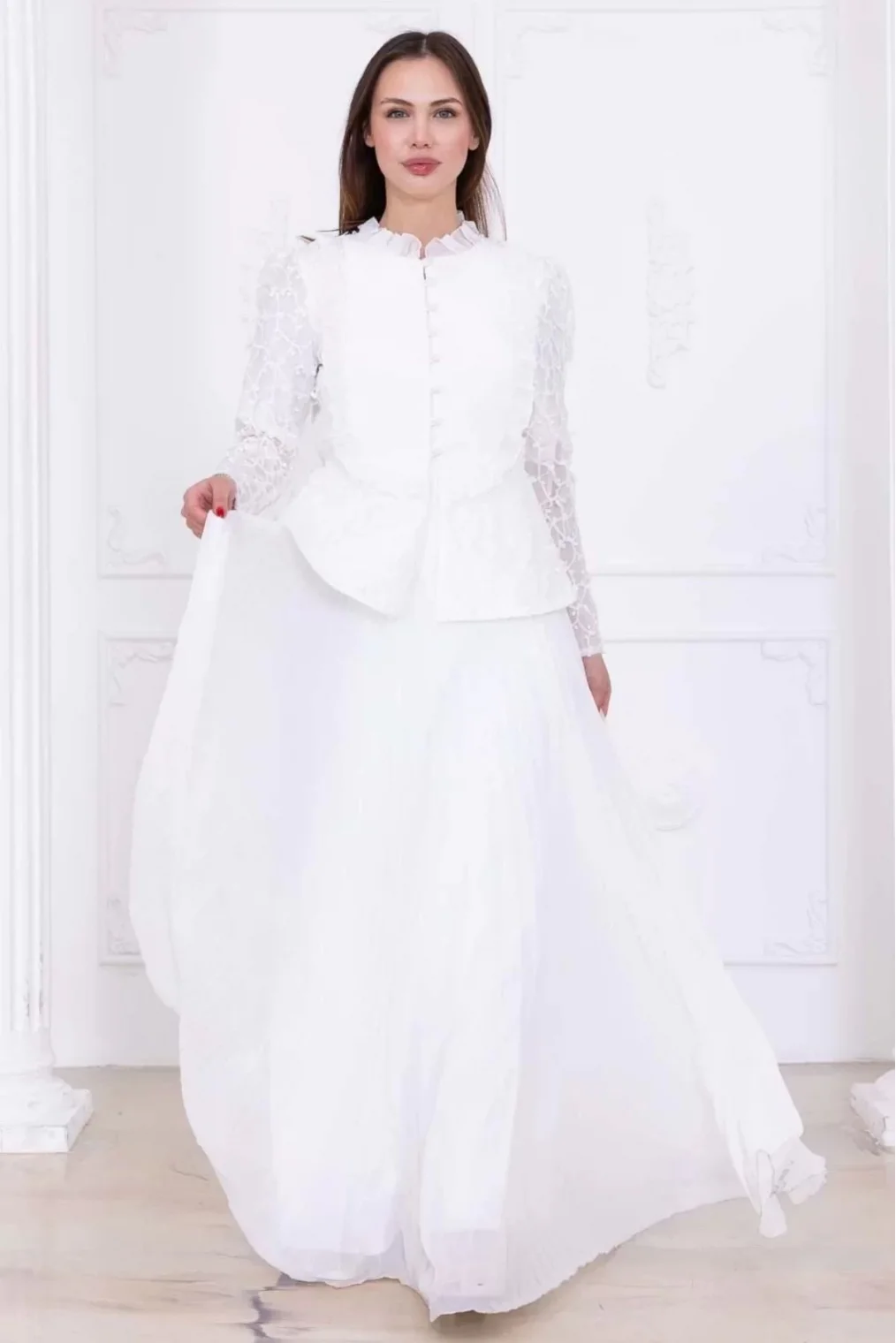 Dantelli Ceket ve Piliseli Elbiseli Şifon Abiye 2729-Beyaz