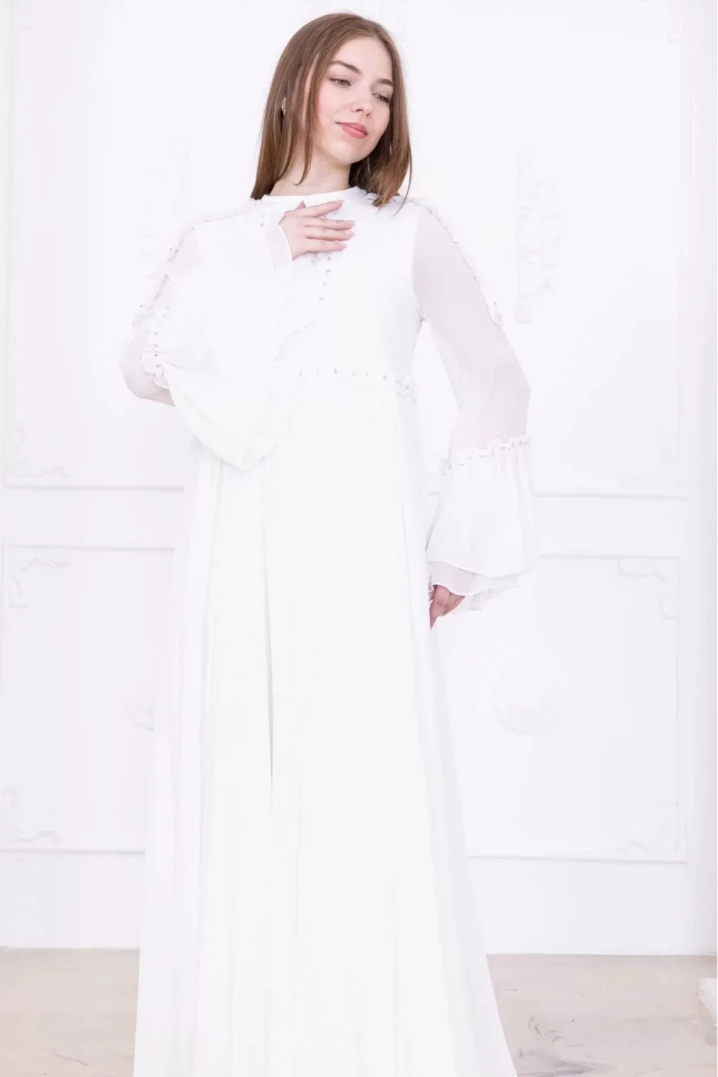 Fırfır Detaylı Boncuk İşlemeli Şifon Abiye 2730-Beyaz