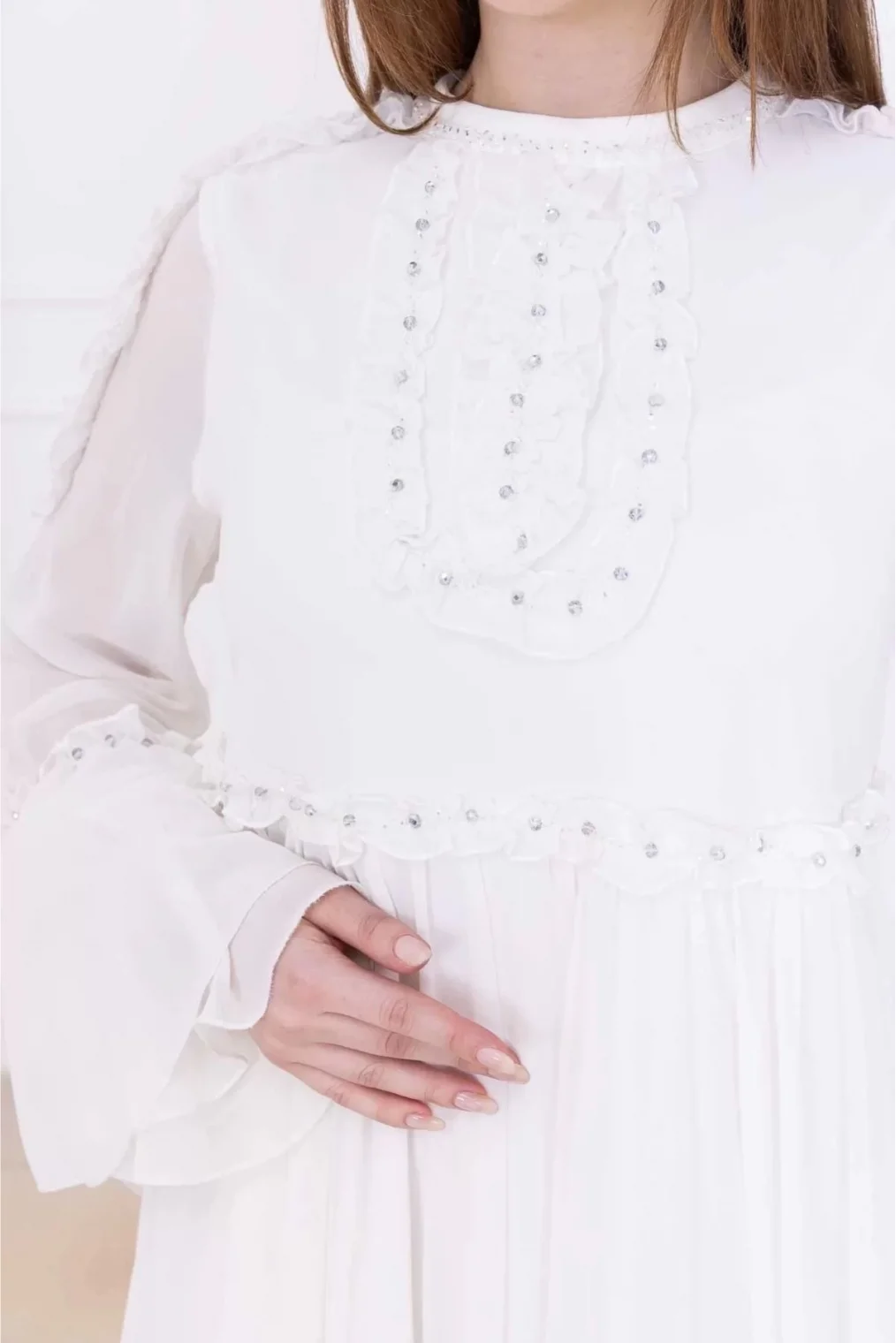 Fırfır Detaylı Boncuk İşlemeli Şifon Abiye 2730-Beyaz