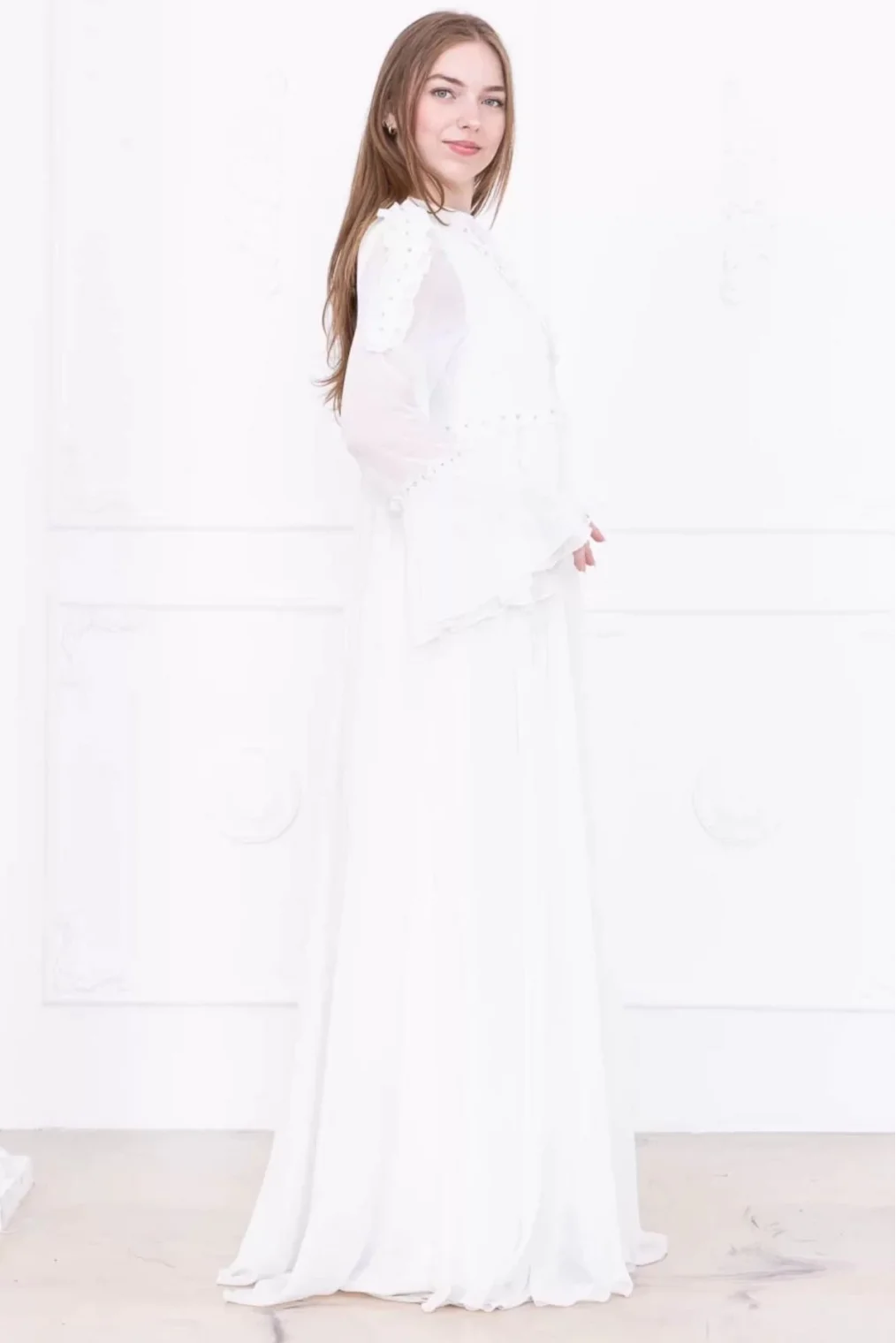 Fırfır Detaylı Boncuk İşlemeli Şifon Abiye 2730-Beyaz