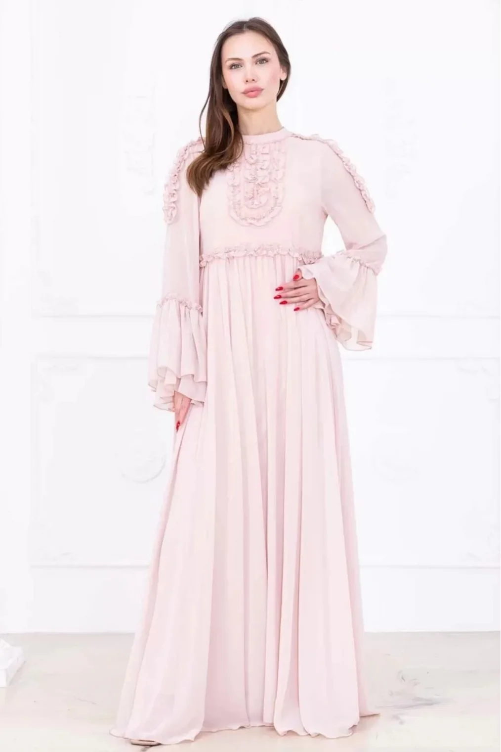 Fırfır Detaylı Boncuk İşlemeli Şifon Abiye 2730-Pudra