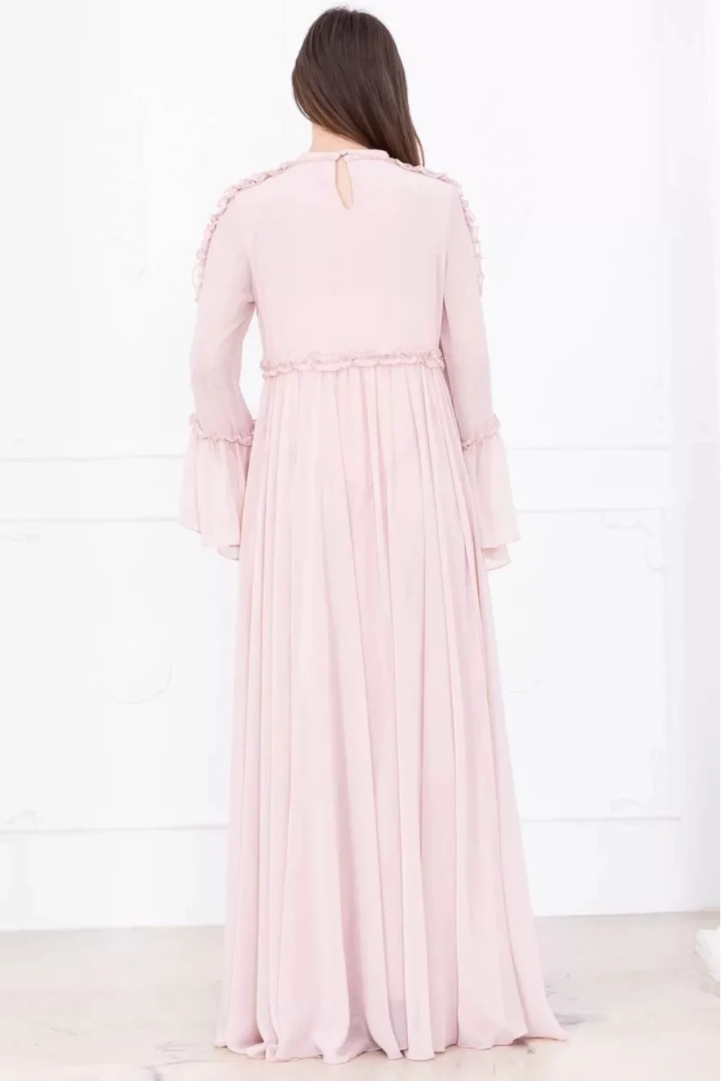 Fırfır Detaylı Boncuk İşlemeli Şifon Abiye 2730-Pudra