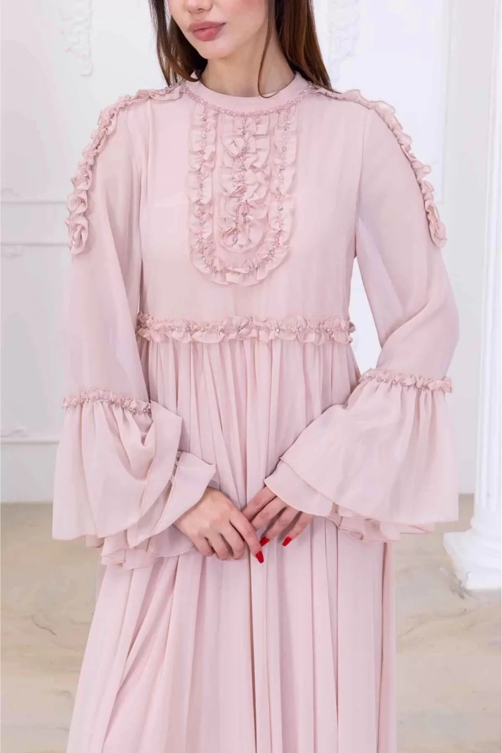 Fırfır Detaylı Boncuk İşlemeli Şifon Abiye 2730-Pudra