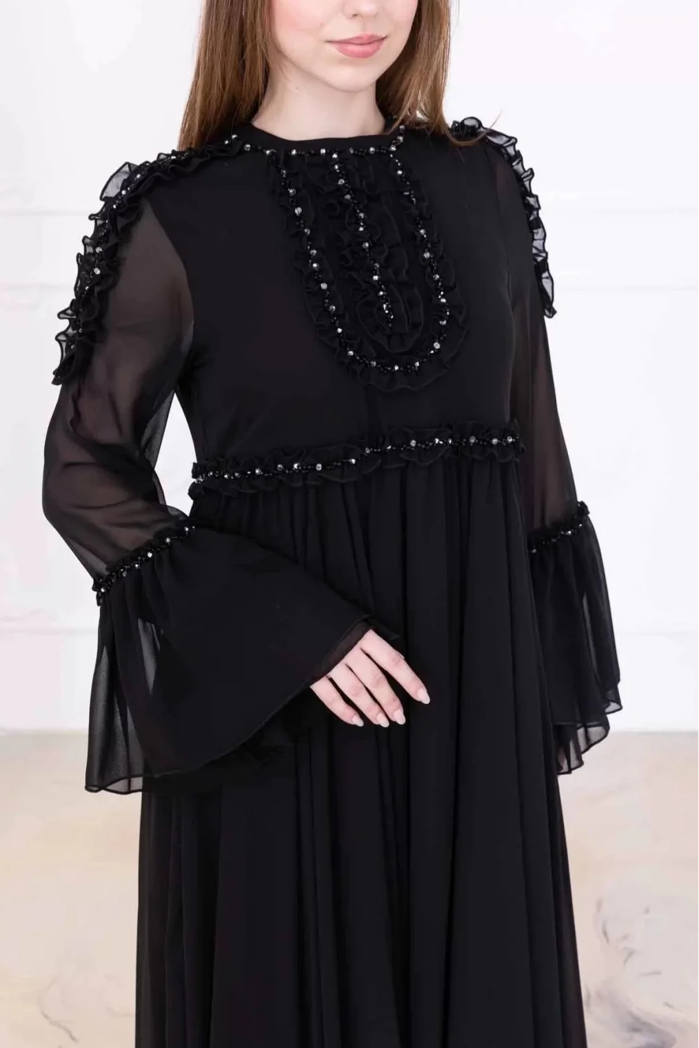 Fırfır Detaylı Boncuk İşlemeli Şifon Abiye 2730-Siyah