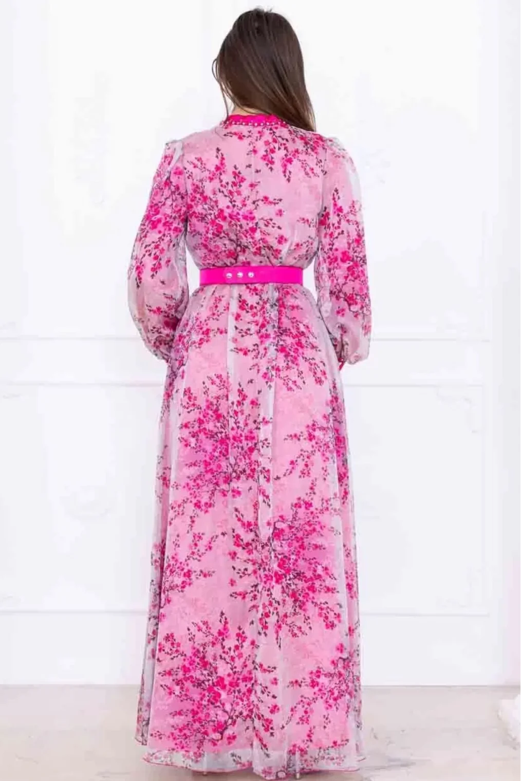 Yaka Bağlama Detaylı Boncuk İşlemeli Şifon Elbise 2735-Fuşya