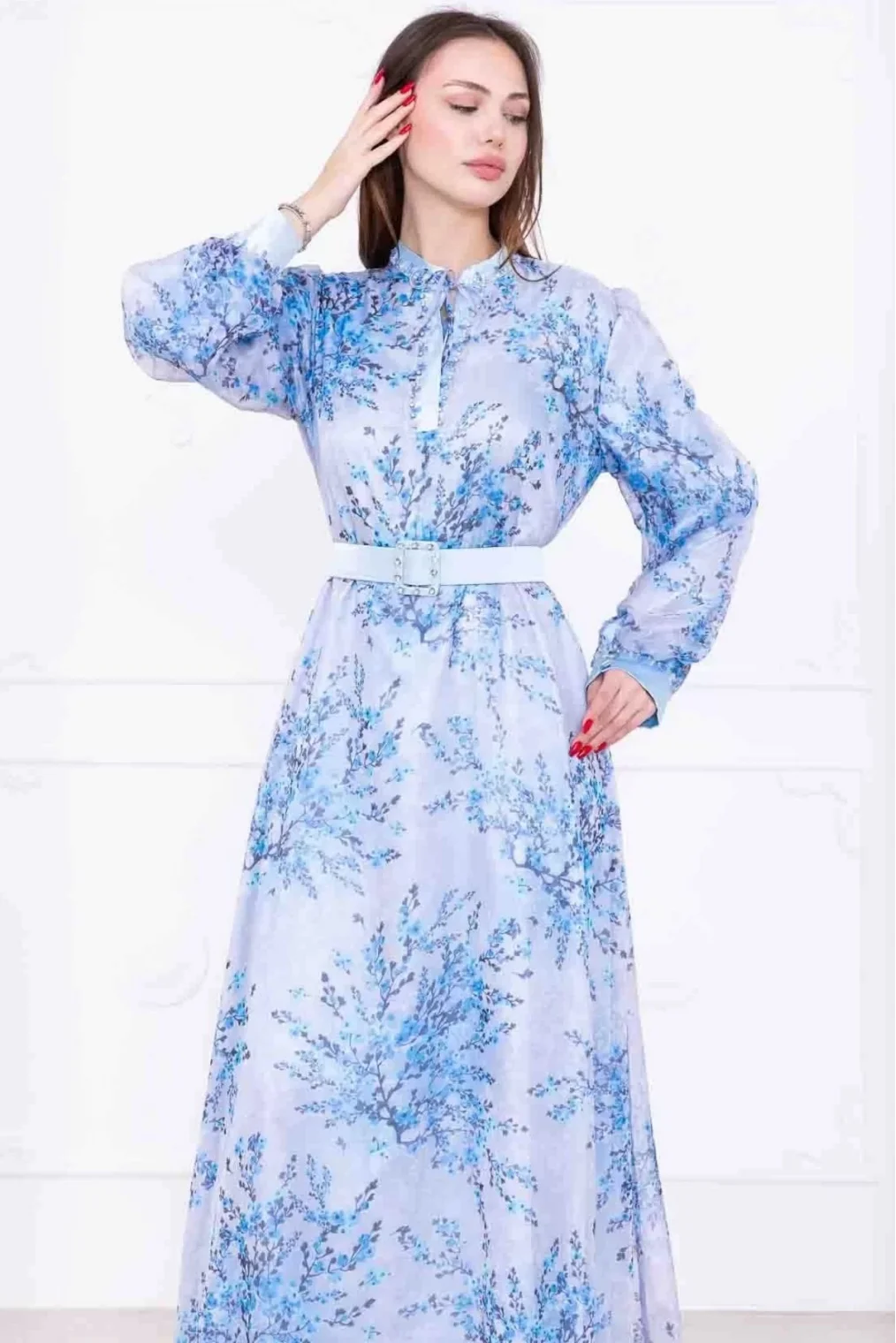 Yaka Bağlama Detaylı Boncuk İşlemeli Şifon Elbise 2735-Mavi