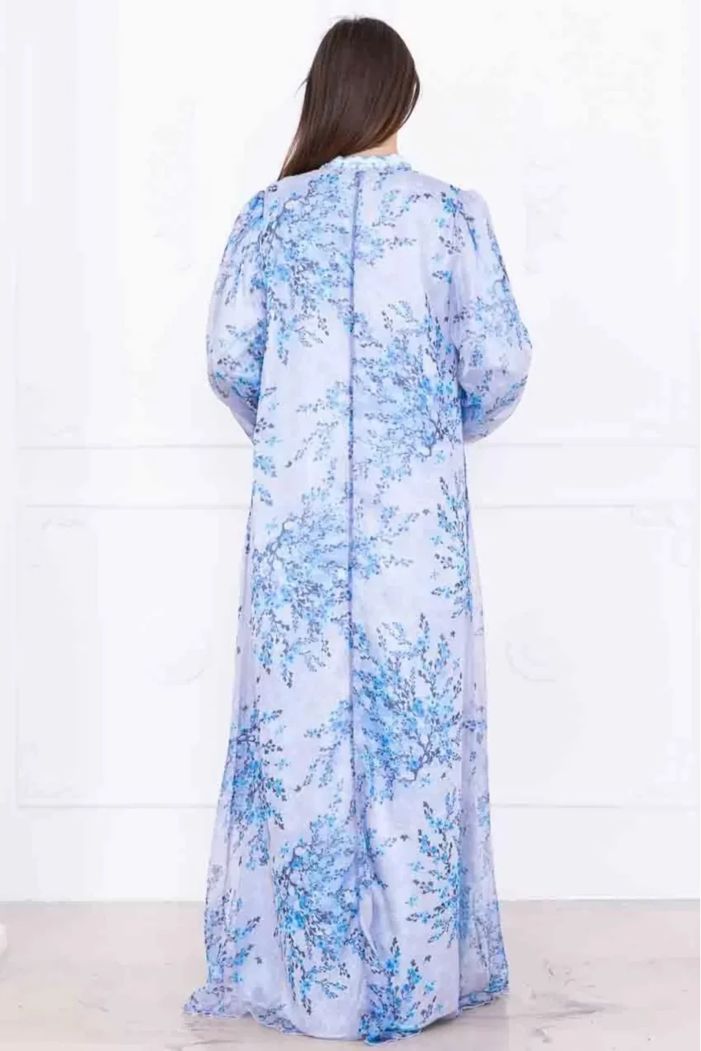 Yaka Bağlama Detaylı Boncuk İşlemeli Şifon Elbise 2735-Mavi