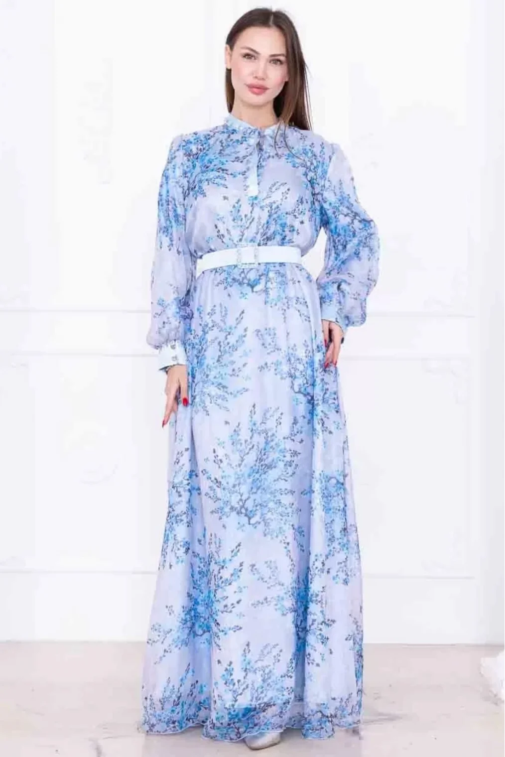 Yaka Bağlama Detaylı Boncuk İşlemeli Şifon Elbise 2735-Mavi