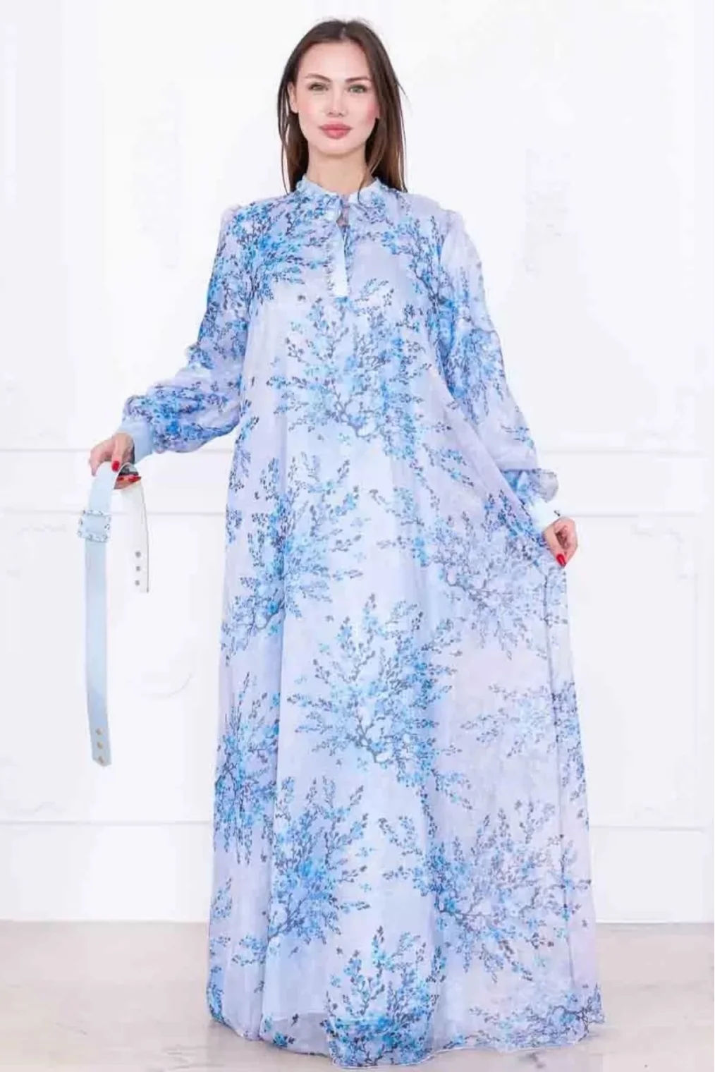 Yaka Bağlama Detaylı Boncuk İşlemeli Şifon Elbise 2735-Mavi