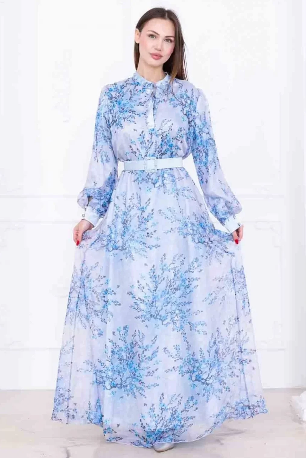 Yaka Bağlama Detaylı Boncuk İşlemeli Şifon Elbise 2735-Mavi