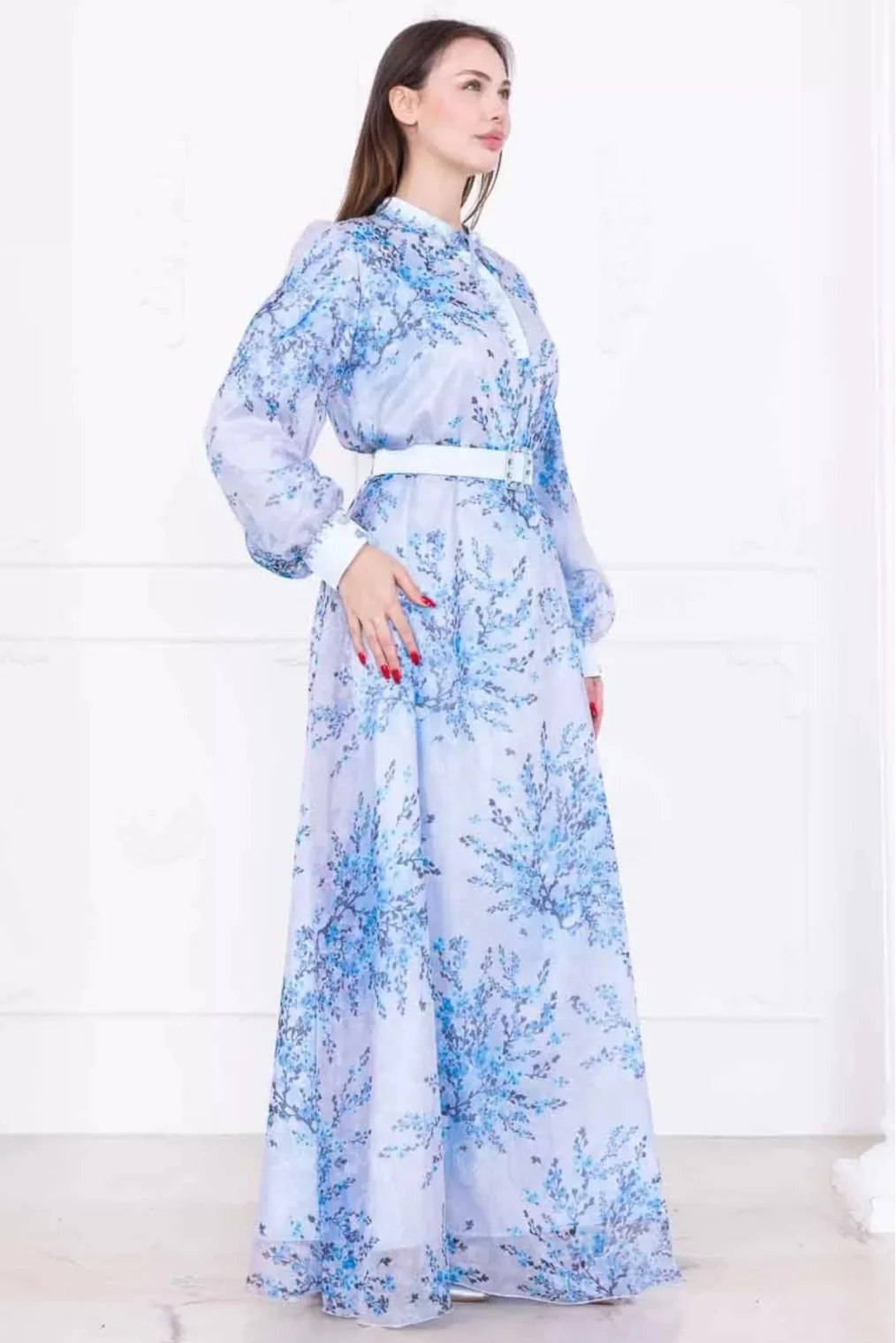 Yaka Bağlama Detaylı Boncuk İşlemeli Şifon Elbise 2735-Mavi