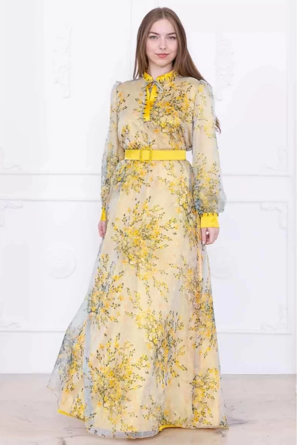 Yaka Bağlama Detaylı Boncuk İşlemeli Şifon Elbise 2735-Sarı