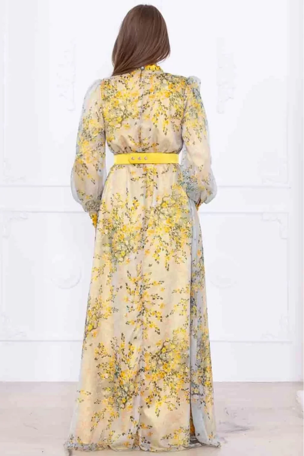 Yaka Bağlama Detaylı Boncuk İşlemeli Şifon Elbise 2735-Sarı