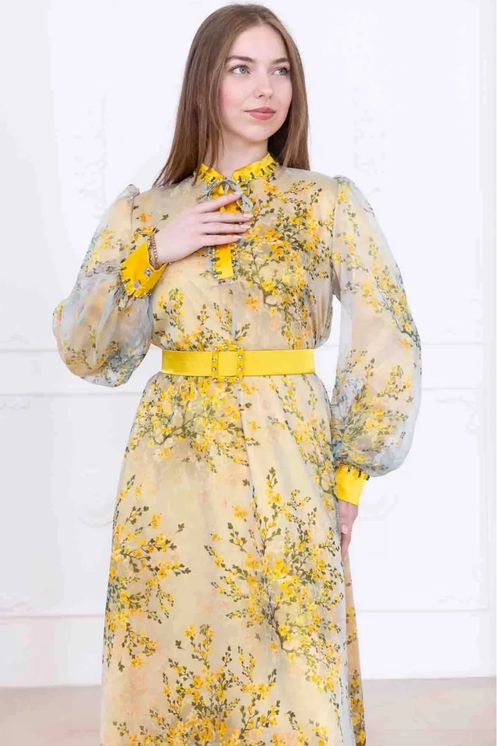 Yaka Bağlama Detaylı Boncuk İşlemeli Şifon Elbise 2735-Sarı