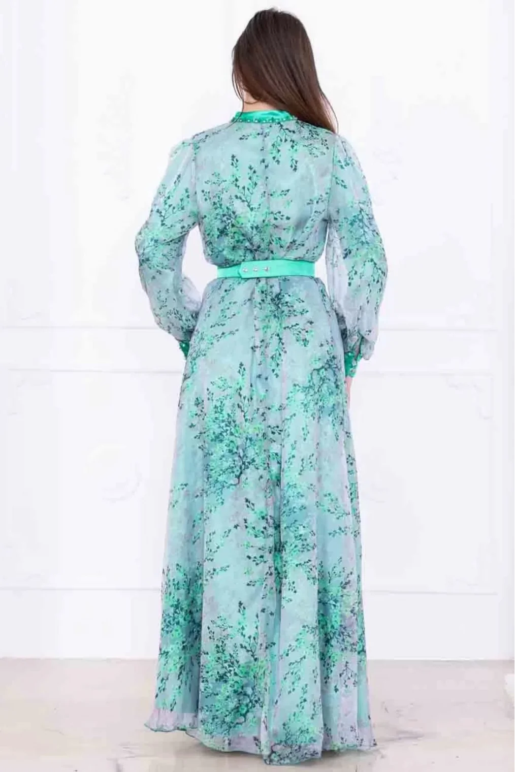 Yaka Bağlama Detaylı Boncuk İşlemeli Şifon Elbise 2735-Yeşil