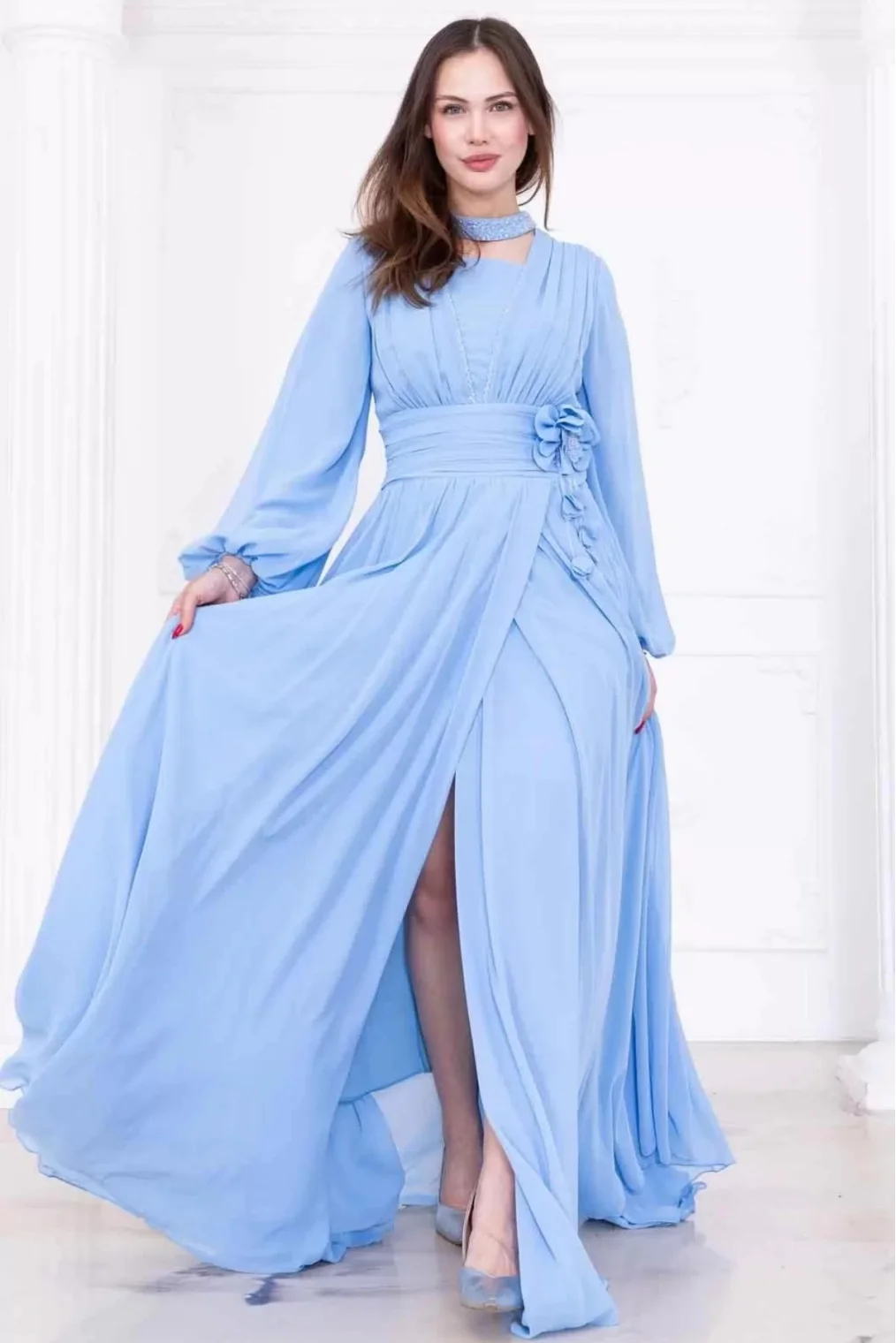 Yaka ve Çiçek Detaylı Abiye Elbise 2740-Bebe Mavisi