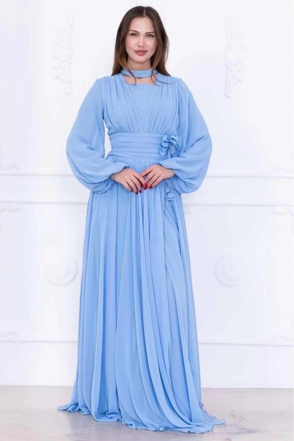 Yaka ve Çiçek Detaylı Abiye Elbise 2740-Bebe Mavisi