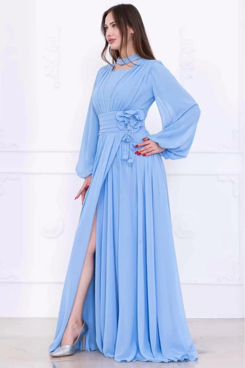 Yaka ve Çiçek Detaylı Abiye Elbise 2740-Bebe Mavisi