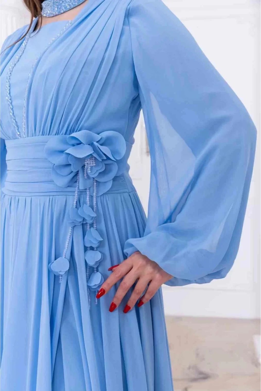 Yaka ve Çiçek Detaylı Abiye Elbise 2740-Bebe Mavisi