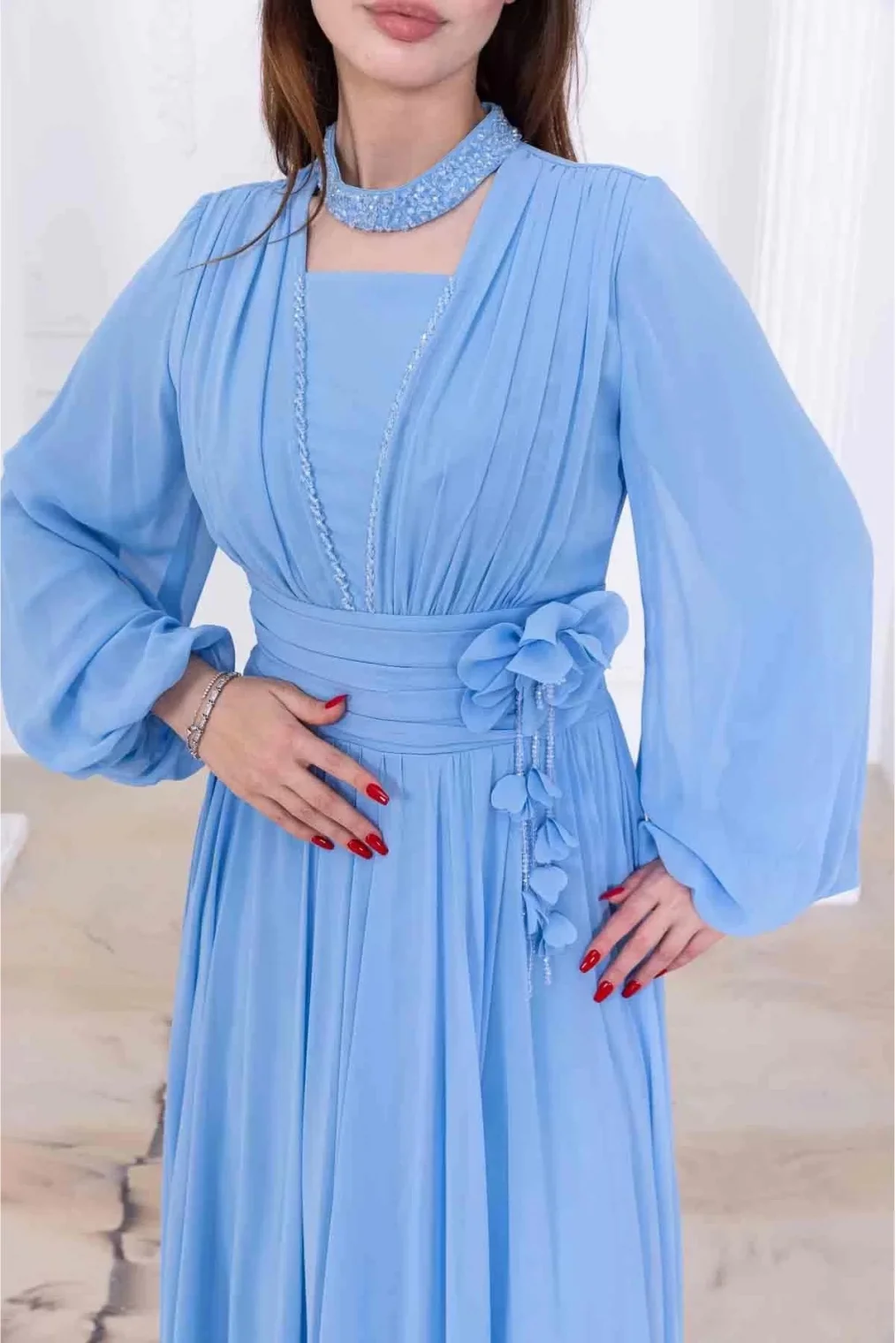 Yaka ve Çiçek Detaylı Abiye Elbise 2740-Bebe Mavisi