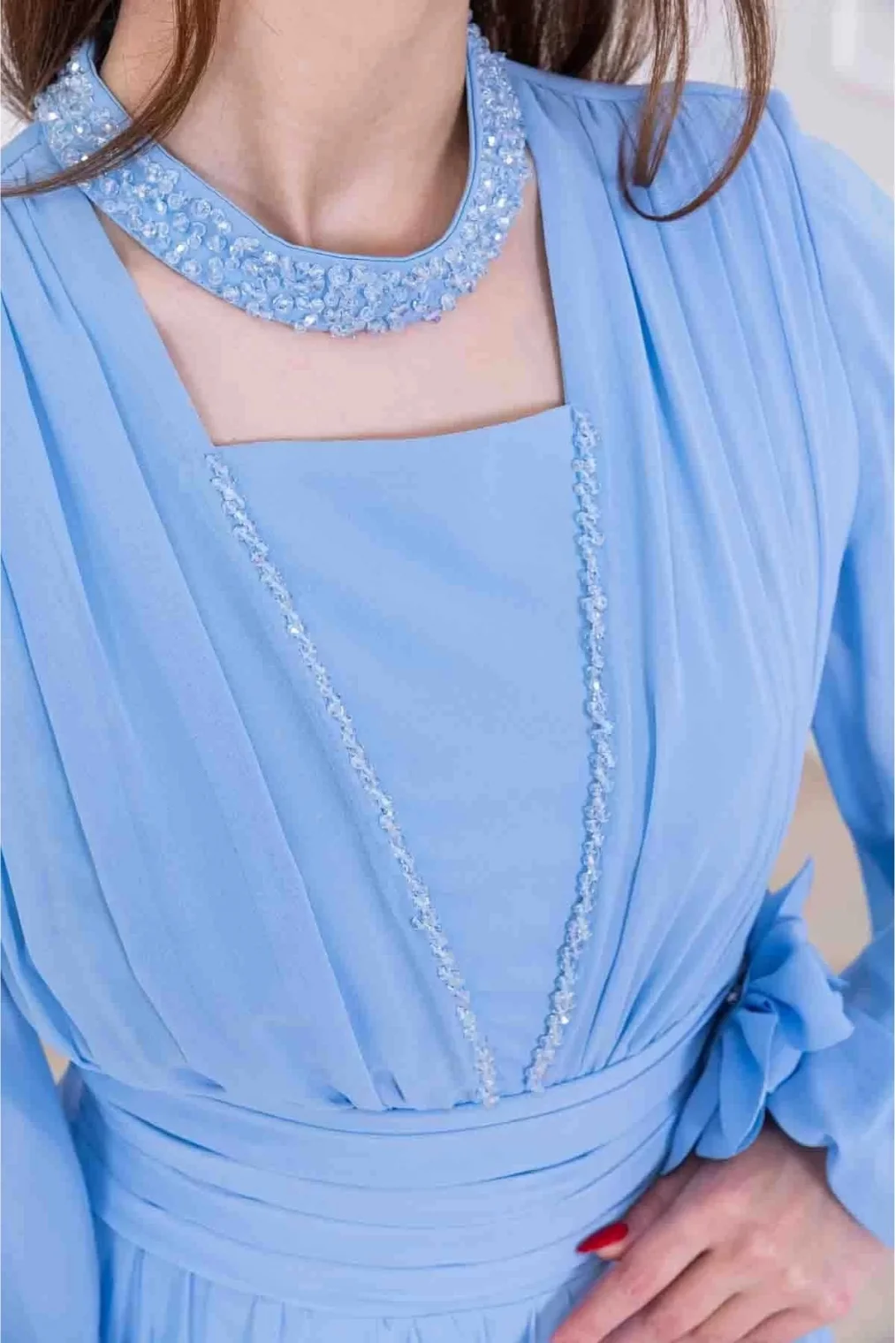 Yaka ve Çiçek Detaylı Abiye Elbise 2740-Bebe Mavisi